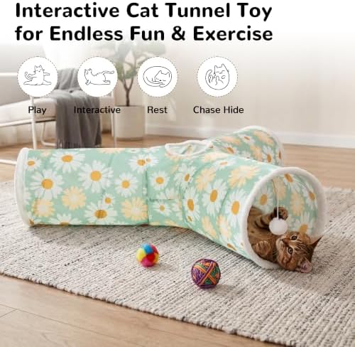 Tempcore Cat Tunnel, 3-Way Collapsible Toy, Large Size Daisy Green Printed