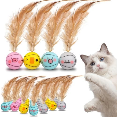 Teyva 32 Pcs Cat Bouncy Ball Toys with Natural Feathers, Interactive