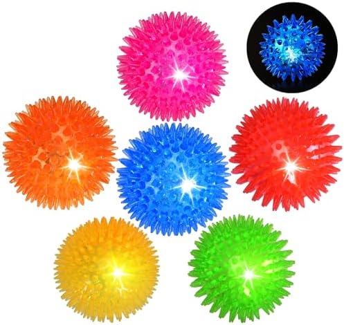 Novkin 6-Pack 3.5” LED Light-Up Squeaky Dog Toy Balls ，Durable Interactive Glow Fetch Toys for Aggressive Chewers，BPA Free Non-Toxic, Spiky Puppy Chew Balls
