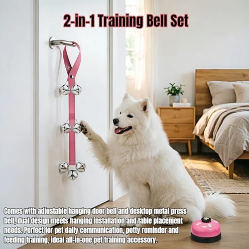 Dog Door Bell for Potty Training, 2-in-1 Set with Adjustable Hanging Bell(Includes 7 Stainless Steel Bells) and Metal Press Call Bell,Pink