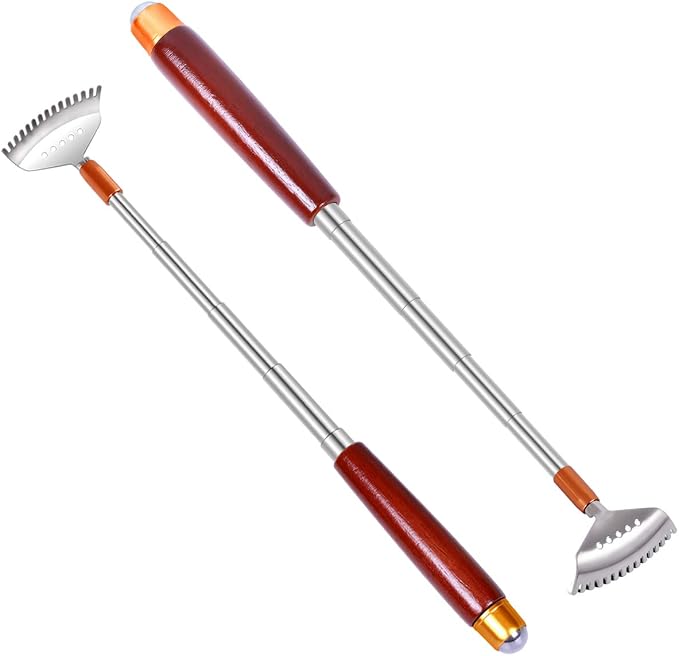 2Pcs Back Scratchers Extendable with Wood Handle & Body Massager | Body Scratcher for Women Men, Stainless Steel Curved Claw, Expandable for Instant Itch Relief, Multi-Functional Roller Ball