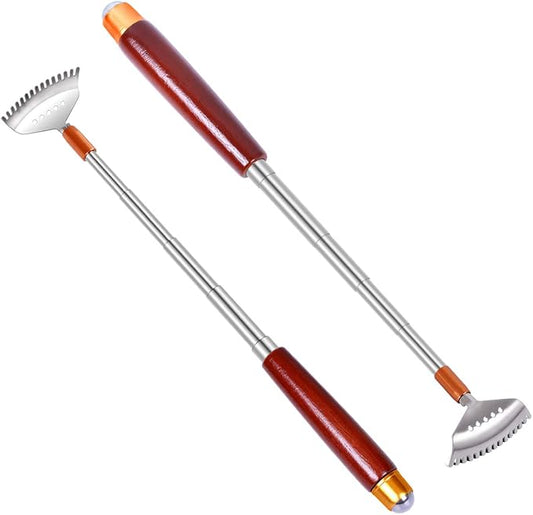 2Pcs Back Scratchers Extendable with Wood Handle & Body Massager | Body Scratcher for Women Men, Stainless Steel Curved Claw, Expandable for Instant Itch Relief, Multi-Functional Roller Ball