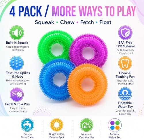Dog Chew Toys for Aggressive Chewers, Squeaky Floating Donut Rings, 4 Pack