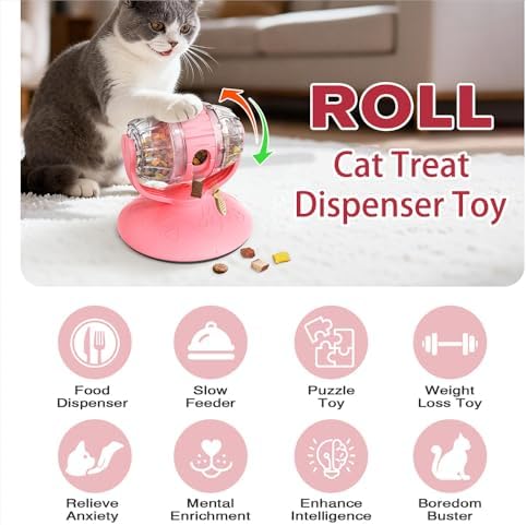 Cat Slow Feeder Toy,Beer Barrel Interactive Feeder for Cats,Interactive Mental Stimulation Food Dispenser for Indoor Cats,Slow Food Teasing Toy for Cats,Boredom Buster,Interactive Puzzle Feeder,（Pink）
