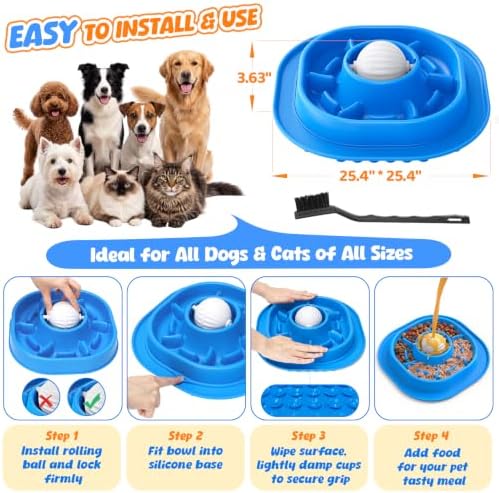 2-in-1 Slow Feeder Dog Bowl with Rolling Ball, Interactive Lick Bowl Toy for Dogs & Cats, Anti-Gulp Maze Feeder with Suction Base for Wet Food, Bone Broth & Treats, Anxiety Relief Enrichment Toy-Blue