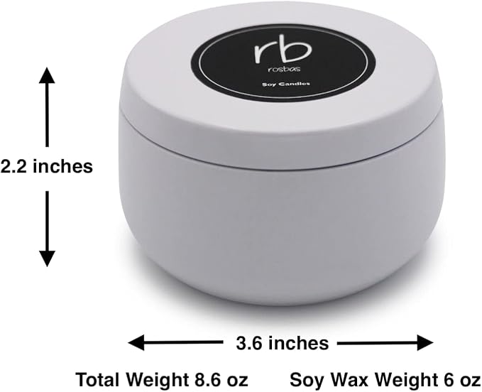 rosbas Green Tea and Lemongrass Soy Wax Candle - 6 oz Tin in Drawstring Cotton Bag - Clean Burning for Uplifting Vitality - White - Made in USA
