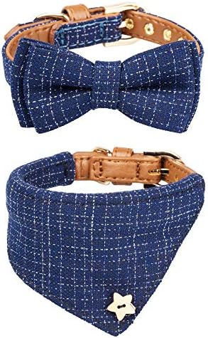 Small Dog Collar Set, 2Pcs Puppy Cat Collar with Bow Tie & Bandana, Durable PU Leather Canvas Tiny Pet Scarf for Small Breed Pets Blue Classic