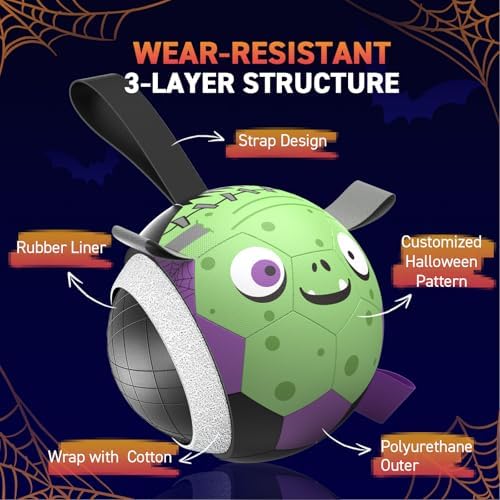 QDAN Halloween Dog Toys, Dog Soccer Balls with Straps, Outdoor Dog Toys