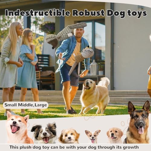 Crinkle Dog Toys Squeaky Plush No Stuffing Cute Puppy Stuffless Tough Rop Pull Toy, Fun Dog Stuffed Animals Durable Chew Set for Small Medium Large Pup (Large, Dark Brown+Brown Squirrel)