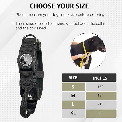 Heavy Duty Tactical Dog Collar with AirTag Holder, Adjustable GPS Tracking Collar for Small, Medium & Large Dogs, Compatible with Apple AirTag, Includes Control Handle for Added Security (Black, S)