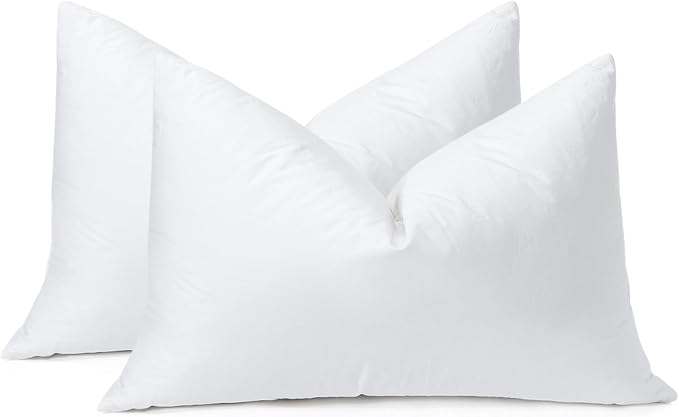 OTOSTAR Pack of 2 Down and Feather Throw Pillow Inserts, 12 x 20 Soft Fluffy Pillow Inserts with 100% Cotton Cover Decorative Pillows for Sofa Couch Bed-White