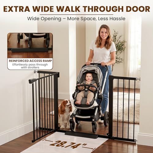 Mumeasy 36-58" Extra Wide Baby Gate for Stairs, 30" Tall Walk Through Dog Gate for Doorways & Hallways, Auto Close Pressure Mounted Safety Gate for Toddlers & Pets, Dual Swing Child Gate Indoor, Black