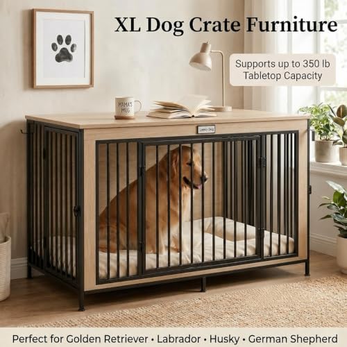 48" XL Dog Crate Furniture for Large Dogs,Farmhouse Light Oak Wood Dog Kennel, Heavy DutyAnti-Chew Steel Frame, Escape Proof Pet Crate, 3Door Indoor Dog House, TV Stand EntertainmentCenter 350LB