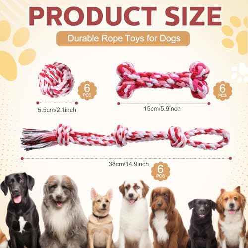 18 Pcs Dog Rope Toys Set Interactive Cotton Chew Toys for Aggressive Chewers Pink 3 Knots Rope Balls for Medium Small Dog Puppy Tug of War Pet Teeth Cleaning Fun Training Birthday Gifts