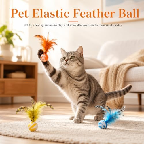 5 Pcs Feather Cat Toy, Cat Toy Balls with Natural Feathers, Feather Chase & Fetch Balls for Indoor Cats, Bouncy Cat Feather Ball Toys, Interactive Silicone Bouncing Balls for Active Kittens, Adult Cat