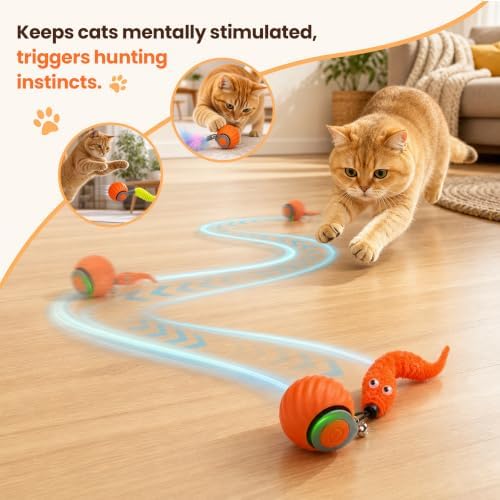 Automatic Interactive Cat Toy Ball, 2-Speed Rolling Toy with 3 Detachable Tails, Boredom Relief & Exercise Toy for Indoor House Cats & Kittens (Orange)