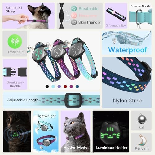 AirTag Cat Collar, Reflective Breakaway Collar, Hidden Holder with Bell | Compatible with Apple AirTag 1st & 2nd Gen, Lightweight Water-Resistant Strap for Cats, AirTag Not Included