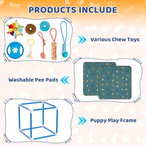 Puppy Play Gym with Pee Pads & 8 Toys (Yellow,19.6″ x 19.6″ x 19.6″‌)