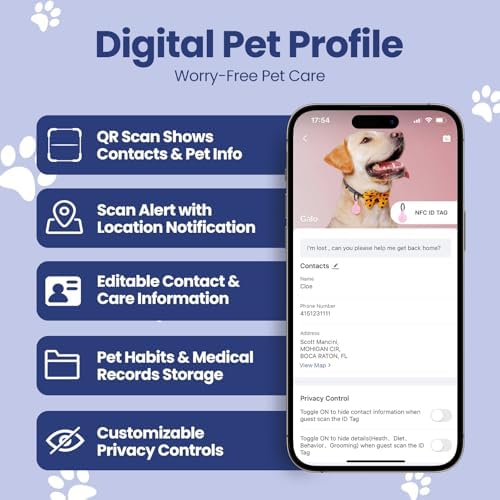 Silent Silicone Dog Tags Personalized for Pets, Scan QR for Instant Location Alerts, Emergency Contact and Modifiable Pet Profile, Waterproof, 1 Pack (Blue)