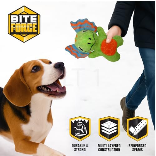 Bite Force - Durable & Strong Dog Toy Green Dino with Squeaker, Kevlar-Reinforced for Aggressive chewers.