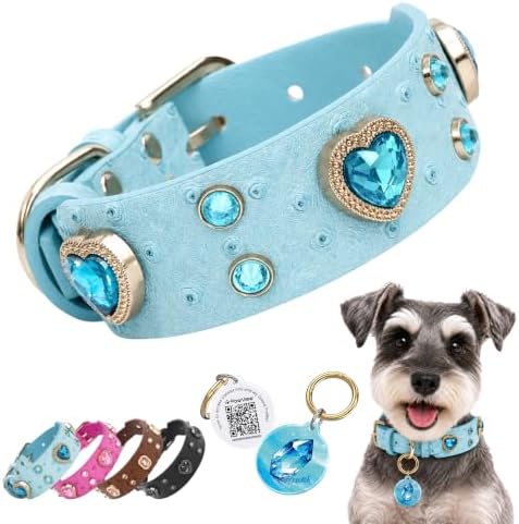 Rhinestone Dog Collar with QR ID Tag, Ostrich-Embossed, Blue, S | Crystal Dog Collar with Ostrich-Embossed Texture, Adjustable Waterproof Fit and QR Scan Pet ID for Stylish Daily Wear