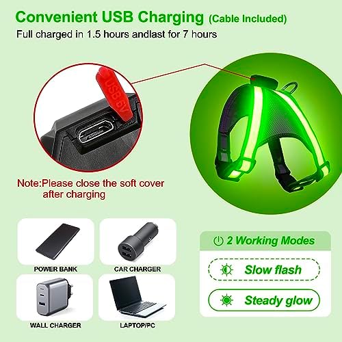 Visinite LED Dog Harness, USB Rechargeable Light Up Dog Vest, 2 Illuminate Modes Glow in The Dark Dog Harness, Adjustable Lighted Pet Harness Light for Night Walking Safety (Green, M)