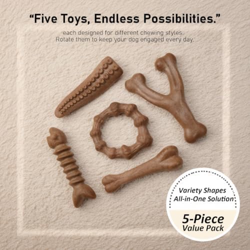 MECOOL 5-Piece Durable Nylon Dog Chew Toys Set – Bacon Flavored Tough Bones for Aggressive Chewers, Long-Lasting Interactive Teething Toy for Medium Large Dogs