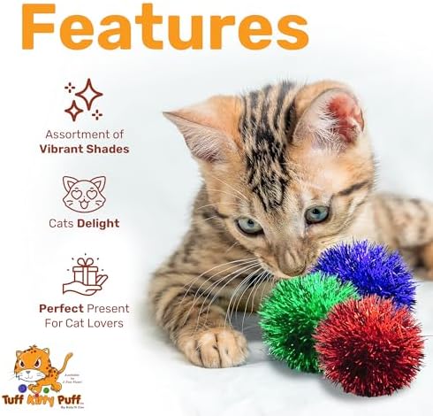 Tuff Kitty Puff Jumbo 2 Inch Sparkle Ball Cat Toy – 6pk Multi-Color