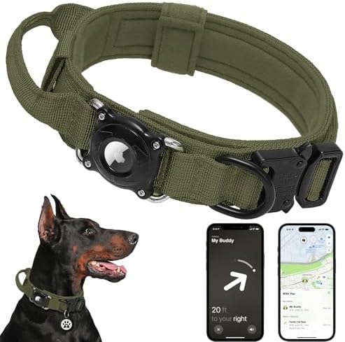 Waterproof AirTag Dog Collar with QR Code ID Tag, Tactical Military Dog Collar with Built-in AirTag Holder, Heavy Duty Metal Buckle & Control Handle, GPS Tracker Collar for Large Dogs (Green, XL)