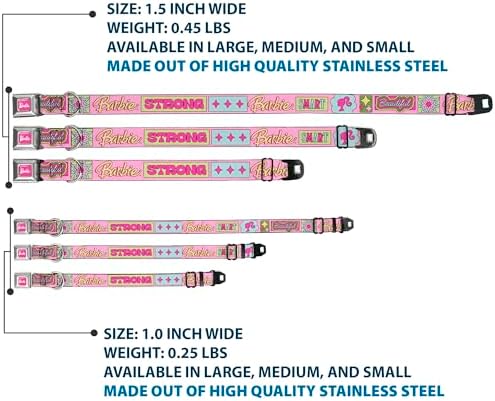 Mattel Pet Collar, Dog Collar Metal Seatbelt Buckle, Barbie Smart Beautiful Strong Icons Pink Multi Color, 15 to 24 Inches 1.0 Inch Wide