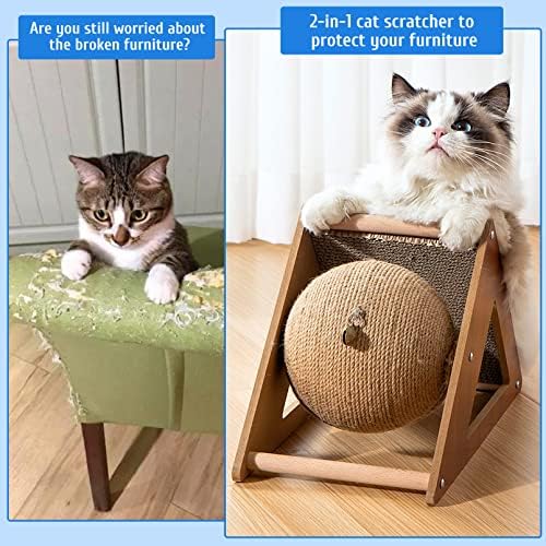 Fhiny Cat Scratcher Toy with Sisal Ball, 2-in-1 Rope Ball with Bell & Cardboard Cats Scratching Interactive Solid Wood Durable Scratch for Indoor Kitties Wear-Resistant Furniture Supplies