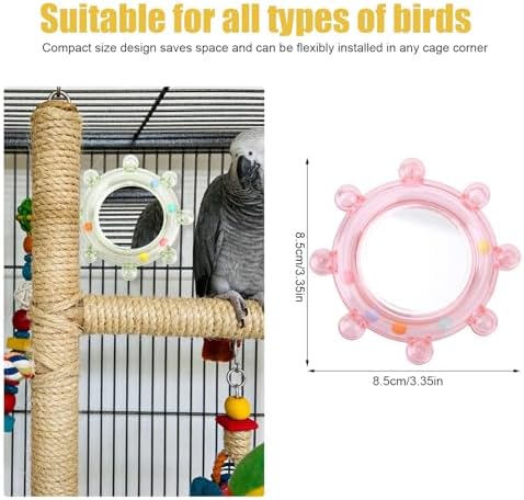 2pcs Bird Mirror Toy for Cage, Rotating Bird Mirror with Rustling Balls Embedded Interactive Birdcage Hanging Pet Accessories for Parakeet Budgie Lovebird Canaries Conures Perch Cockatiels