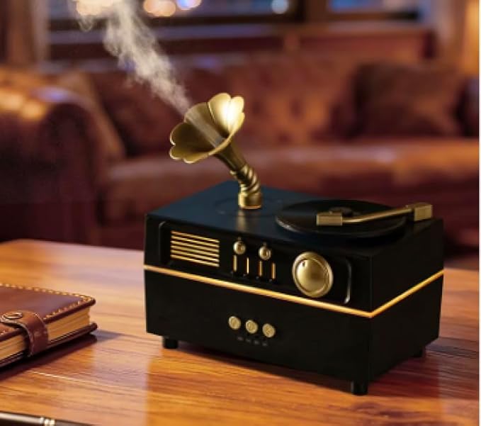5 in 1 Diffuser Humidifier 200 ml, Bluetooth Speaker, 6 LED Light, Timer, Gramaphone & Vinyl Rotation Retro Design. Electric Powered, Remote Control, Rotation Mist Spray Aromatherapy