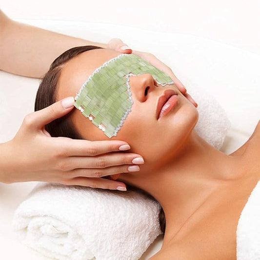 Natural Jade Eye Cover, 100% Jade Stone Lined with Beads Eye Massage Tool Anti-Aging Hot or Cold Therapy Eye Mask for Eliminate Wrinkles, Puffiness, and Irritation