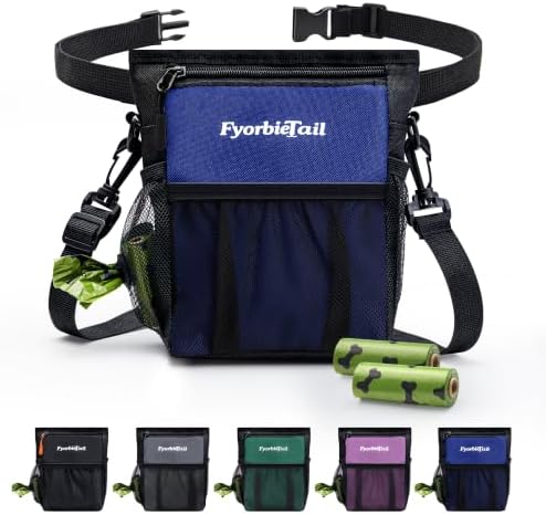 FDog Treat Pouch, 4 Cup Training Bag, Magnetic Closure, 3 Way Wear, Blue | 600D waterproof Oxford fabric, multi pocket storage, zipper and mesh pockets, pull out poop bag dispenser, includes 2 rolls