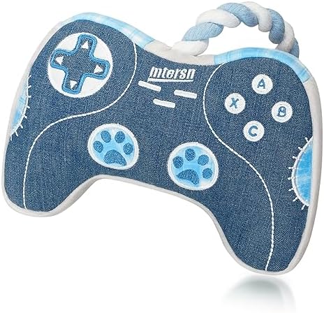 MTERSN Funny Squeaky Dog Toys, Game Controller Plush Toy, Playtime, Denim