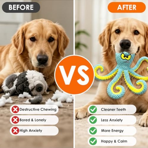 Interactive Octopus Dog Toy, Plush Dog Toy with Crinkle Paper & Squeaker, Tug of War Dog Toy for Small Medium Large Dogs, Soft Dog Chew Toy for Indoor Play, Puppy Training (J-Octopus-Green+Red)