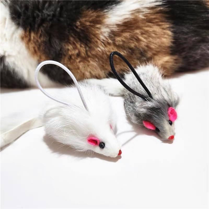 Real Rabbit Fur Interactive Cat Toy Mouse, 5.5" Extra Large Durable Squeaky Toys with Long Tail, Crinkle Sound & Hanging Rope, Self-Play Toys for Indoor Cats (5 Pack Grey/White Color)