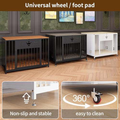 39" Iron Pegboard Dog Crate Furniture with Wooden Top & Remote LED Light
