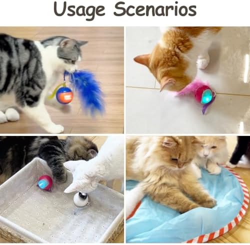 Migipaws 2-in-1 Interactive Cat Toy Ball – Paw Friendly Kicking Chasing Ball with Bonus Fluffy Tail for Indoor Cats Random Rolling Auto Escape Corners Tangle-Free Quiet USB Rechargeable (Blue)