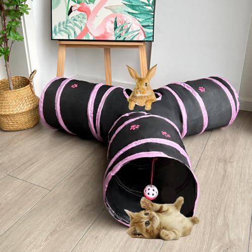 3-Way Collapsible Cat Tunnel Tube Toy Black Pink Paws