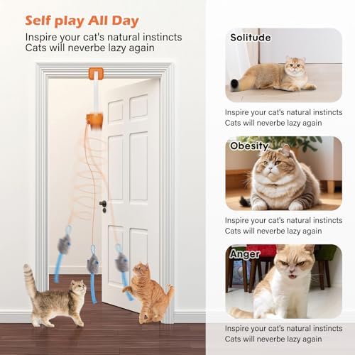 Interactive cat toy, Electric cat teaser, Door clip, 2 Motion modes,Orange | 360° Rotation • Random Jumping • Type-C Rechargeable • Door Clip Design • For Indoor Cats,Cat door toy
