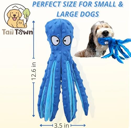 Octopus Dog Toy, No Stuffing Plush Squeaky Crinkle Toy to Keep Dogs Busy, Interactive Chew Toy for Puppies Small Medium Large Dogs, Blue, Tail Town