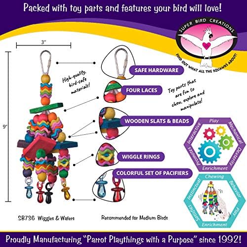 Super Bird Creations SB736 Wiggles and Wafers Bird Toy - Interactive Enrichment for Conures, Quakers, Caiques, Pionus, Senegals - Wooden, Acrylic Beads, Pacifiers - Medium Bird Size, 3” x 5” x 9”