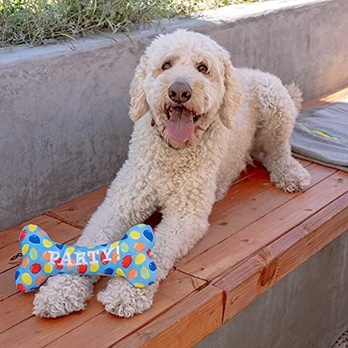 Huxley & Kent Power Plush Squeaky Dog Toy, Party Time Bone Blue, Large