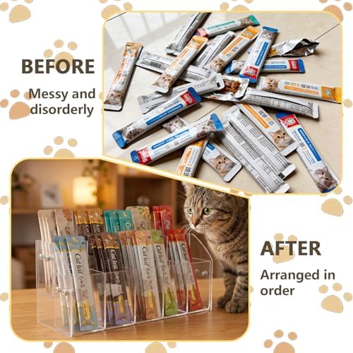 Cat Treat Holder Organizer, 2 Tier 10 Compartment Clear Acrylic Storage Rack for Lickable Wet Treats, Countertop Display Stand for Pet Tubes and Squeeze Up Pouches