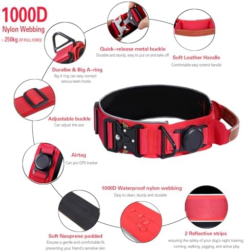 2" Tactical Dog Collar with Airtag Holder & Handle for Medium Dogs (Red)