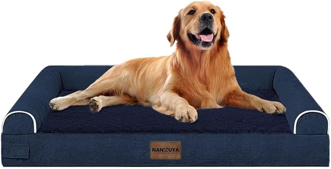 Orthopedic Dog Bed for X-Large Dogs, 40 x 32 Inch, Navy Blue | Egg crate foam for joint support, 3-sided bolster pet sofa, waterproof lining, washable cover, and non-skid base