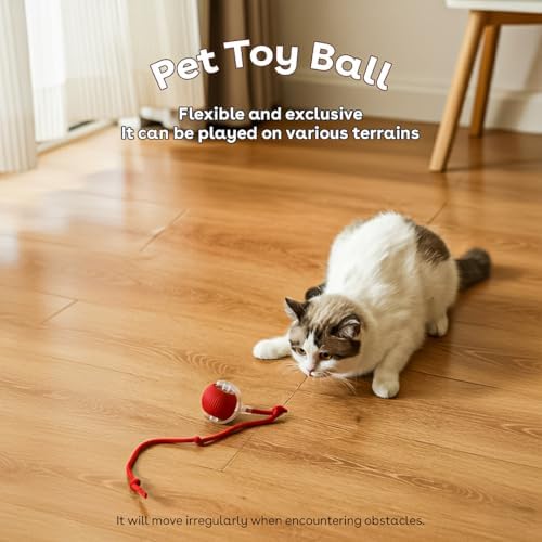 Interactive Cat Toy Ball, Automatic Intercative Cat Toys for Indoor Cats, The 3rd Generation Agile Moving Cat Ball with Elastic Mesh Tail, Toys for Indoor Adult Cats, Motion Activated (Red)