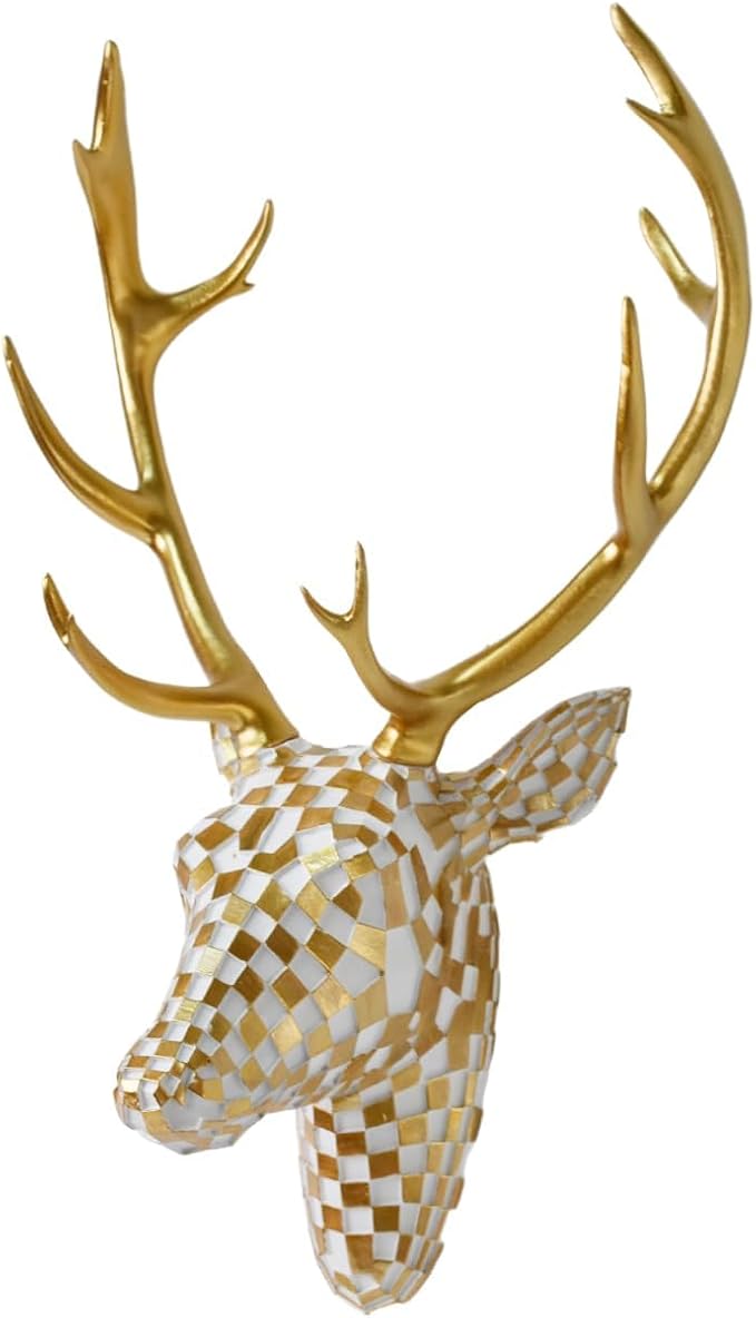 GIGICICI Mosaic Deer Head Wall Decor 15.7x8.7 Inch, Artistic Faux Resin Animal Head Wall Sculpture Hanging for Living Room Bedroom Kitchen Office, White-Gold Gift